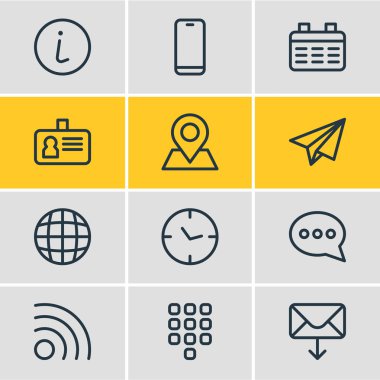 Vektör çizim 12 simgeleri çizgi stili bağlayın. Takvim, akıllı telefon, wifi ve diğer simge öğeleri düzenlenebilir kümesi.