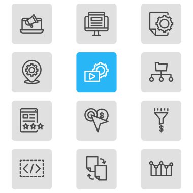 12 reklam simgeler çizgi stili vektör Illustration. Düzenlenebilir küme dosya paylaşımı, trafik dönüştürme, Dizin sunulması ve diğer simge öğeleri.