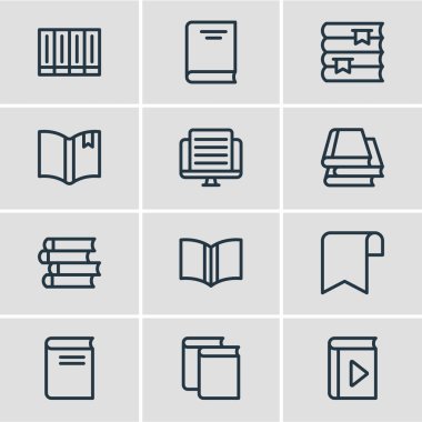 12 okuma simgeleri çizgi stili vektör Illustration. Yayımla, şerit, öğrenme ve diğer simge öğeleri düzenlenebilir kümesi.