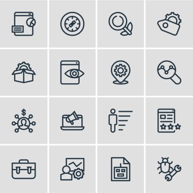 16 reklam simgeler çizgi stili vektör Illustration. Düzenlenebilir küme bağlantı tekerlek, Seo eğitim grafik adam dişli, sayfa kalite ve diğer simge öğeleri.