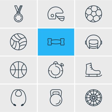 12 atletik simgeleri çizgi stili vektör Illustration. Yarışçı şapka, kettlebell, halter ve diğer simge öğeleri düzenlenebilir kümesi.