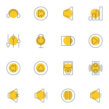 16 müzik simgeleri çizgi stili vektör Illustration. Düzenlenebilir dizi ekolayzer, ses seviyesini azaltma, hoparlör ve diğer simge öğeleri.