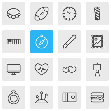 16 hobi simgeleri çizgi stili vektör Illustration. Rugby, kalp atışı, pusula ve diğer simge öğeleri düzenlenebilir kümesi.