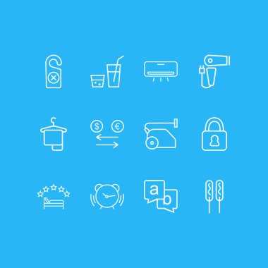 12 Turizm simgeler çizgi stili vektör Illustration. Alarm, elektrikli süpürge, içki ve diğer simge öğeleri düzenlenebilir kümesi.