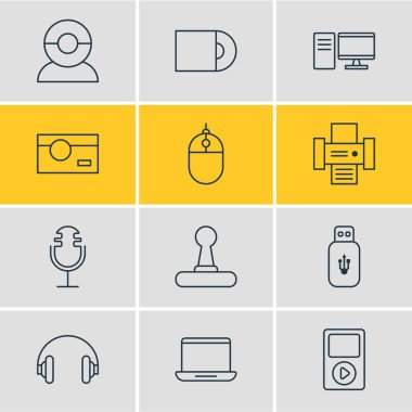 12 Aygıt simgeleri çizgi stili vektör Illustration. Yazıcı, mp3 çalar, mikrofon ve diğer simge öğeleri düzenlenebilir kümesi.