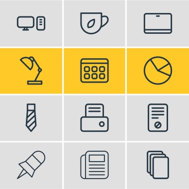 12 office simgeleri çizgi stili vektör Illustration. Düzenlenebilir küme veri, yazıcı, Masa lambası ve diğer simge öğeleri.