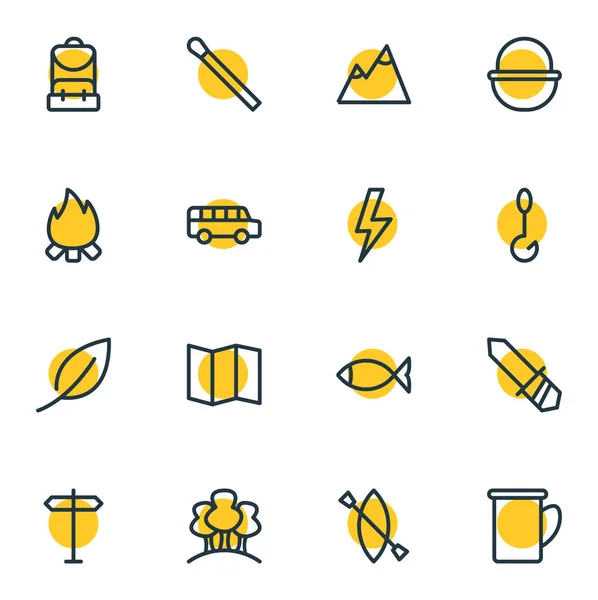 Ilustración vectorial del estilo de línea de 16 iconos de campamento. Conjunto editable de pesca, mapa, cesta y otros elementos del icono . — Archivo Imágenes Vectoriales