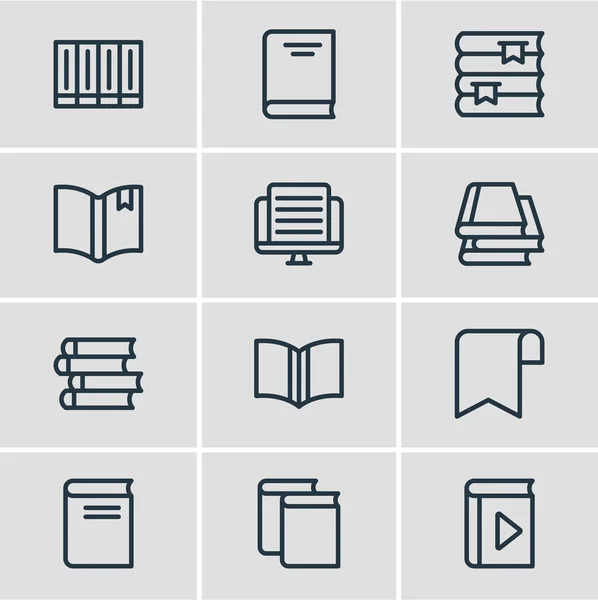 Ilustração vetorial de 12 ícones de leitura estilo linha. Conjunto editável de publicar, fita, aprendizagem e outros elementos de ícone . —  Vetores de Stock