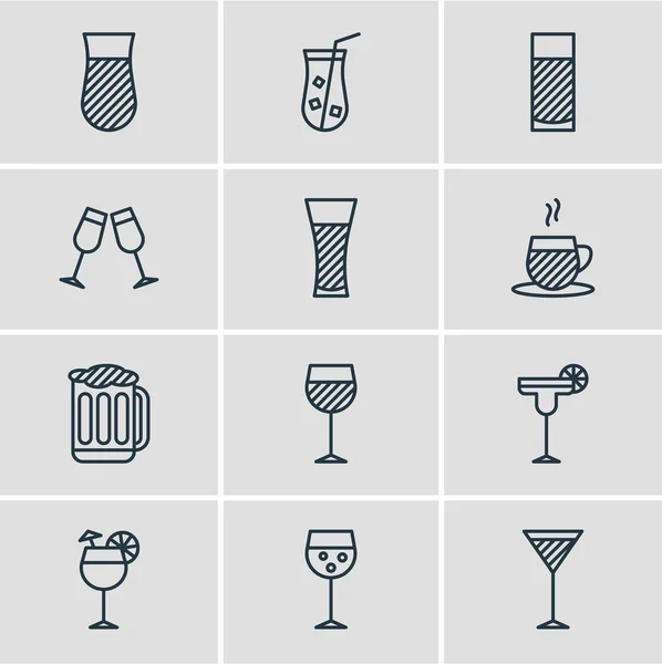 12 içecek simgeler çizgi stili Illustration. Kadehi, kapuçino, içecek ve diğer simge öğeleri düzenlenebilir kümesi. — Stok fotoğraf