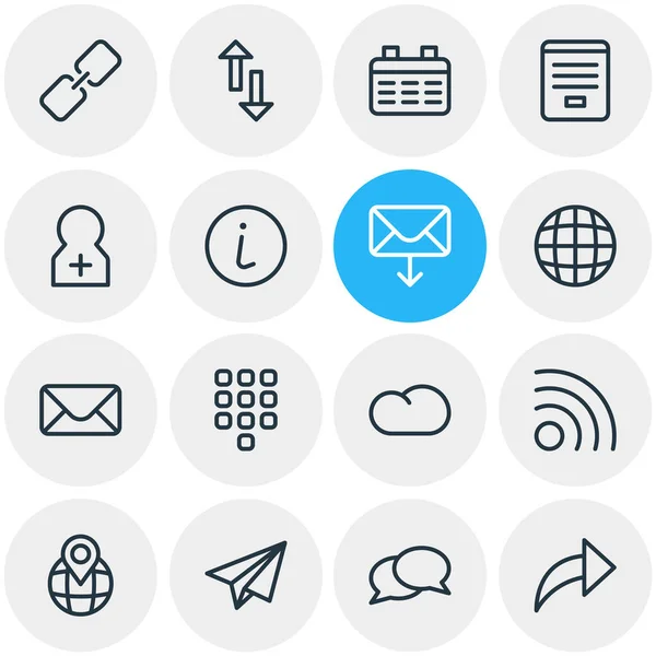 illustration of 16 community icons line style. Editable set of cloud, info, share and other icon elements.