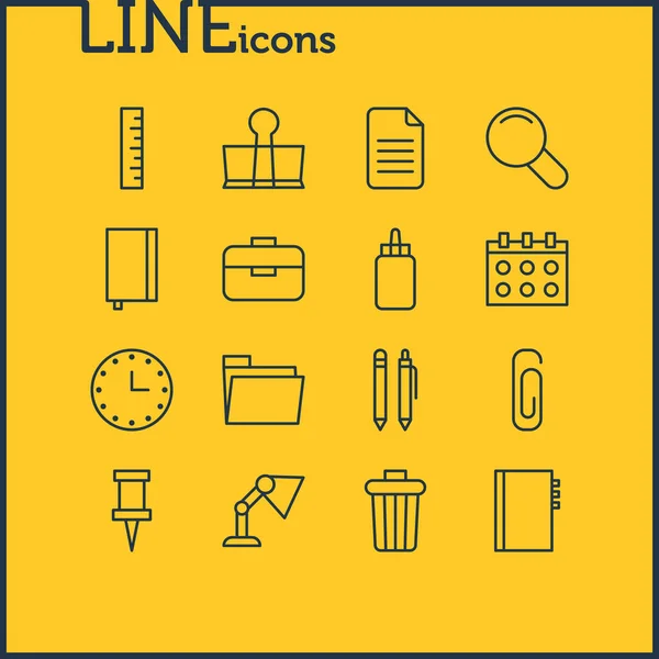 Ilustração de 16 instrumentos ícones estilo linha. Conjunto editável de lixeira, cola, papelaria e outros elementos de ícone . — Fotografia de Stock