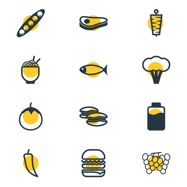 12 食事アイコン ライン スタイルのイラスト。ケバブ、愛のリンゴ、ブロッコリー、その他アイコン要素の編集可能なセット. — ストック写真