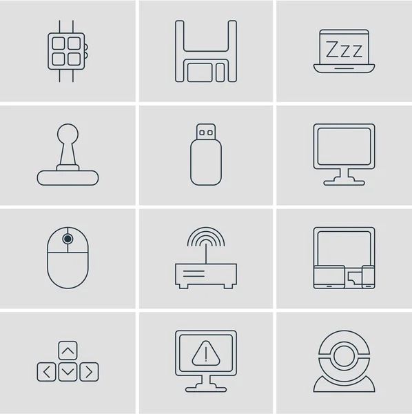 Illustration of 12 computer icons line style. Editable set of sleep mode, floppy disk, mouse and other icon elements. — Stock Photo, Image