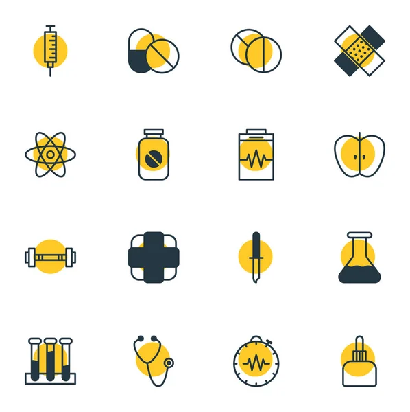 Illustration de 16 icônes médicales style ligne. Ensemble modifiable d'éléments de pomme, atome, médecine et autres icônes . — Photo