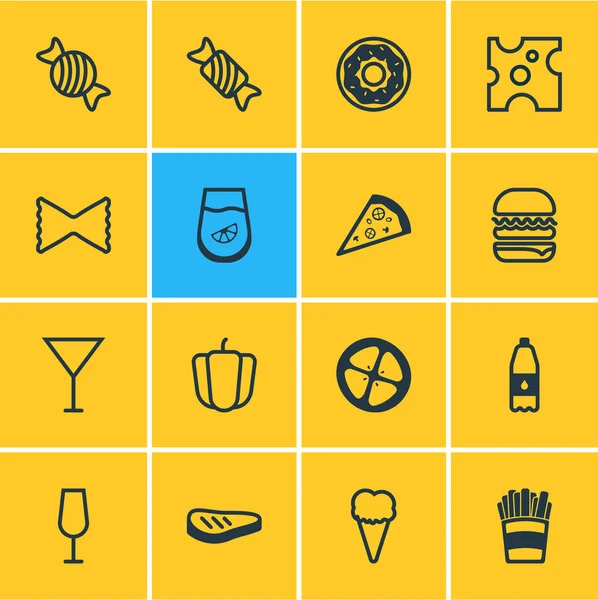 Illusztráció: 16 étkezés ikonok vonalstílust. Szerkeszthető készlet-ból szelet paradicsom, candy, fánk ikon elemek. — Stock Fotó