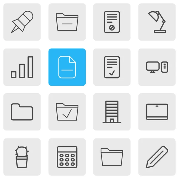 Illustratie van 16 bureau pictogrammen lijnstijl. Pin, directory, rekenmachine en andere elementen van het pictogram bewerkbaar set. — Stockfoto