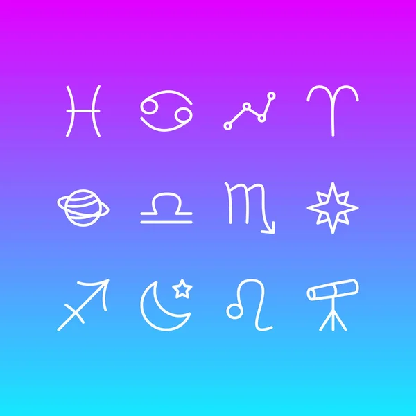 Illustration de 12 icônes astrologie style ligne. Ensemble modifiable de constellation, télescope, cancer et autres éléments d'icône . — Photo