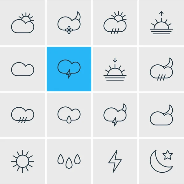 Ilustración de 16 iconos de la atmósfera estilo de línea. Conjunto editable de gota, gota de lluvia, puesta del sol y otros elementos del icono . —  Fotos de Stock