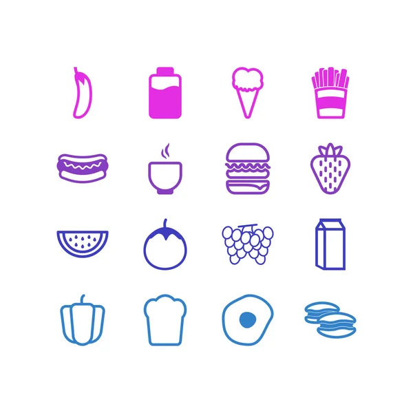 16 食事アイコン ライン スタイルのイラスト。ハンバーグ、ピーマン、ホットドッグ、アイコンの他の要素の編集可能なセット. — ストック写真
