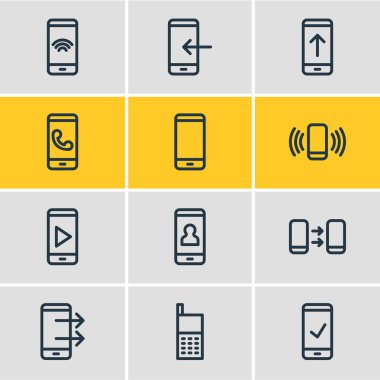 12 cep telefonu simgeler çizgi stili vektör Illustration. Upload, telefon, eski telefon ve diğer simge öğeleri düzenlenebilir kümesi.