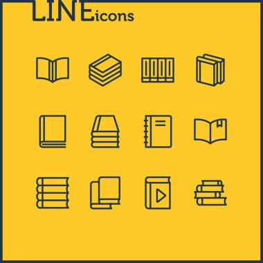 Vektör çizim 12 kitap okuma simgeler çizgi stili. Sarmal kitap, defterini, kitap okuma ve diğer simge öğeleri düzenlenebilir kümesi.
