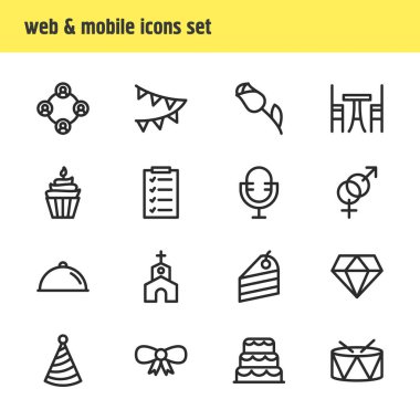 16 tatil simgeler çizgi stili vektör Illustration. Çiçek, parti şapkası, pasta ve diğer simge öğeleri düzenlenebilir kümesi.