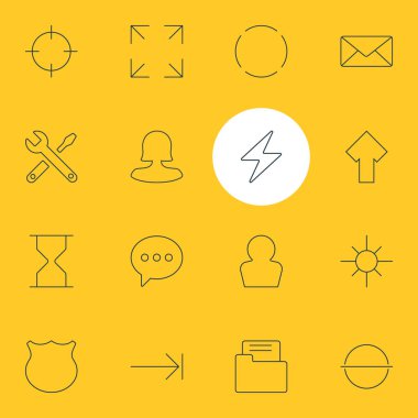 16 UI simgeler çizgi stili vektör Illustration. Kalkan, ok, onarım ve diğer simge öğeleri düzenlenebilir kümesi.