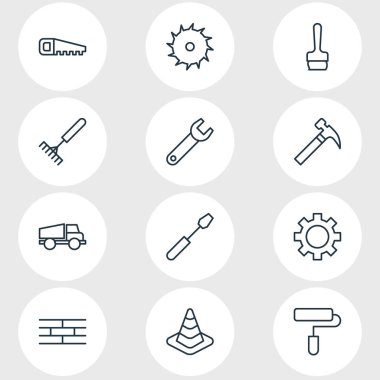 12 sanayi simgeleri çizgi stili vektör Illustration. Düzenlenebilir dizi tornavida, el testeresi, komisyon simgesi öğeleri.