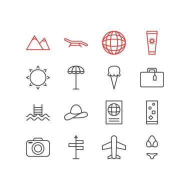 16 sezon simgeler çizgi stili vektör Illustration. Sunscreem, küre, şemsiye ve diğer simge öğeleri düzenlenebilir kümesi.