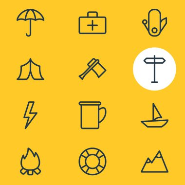 12 simgeleri çizgi stili kamp vektör Illustration. Çadır, kupa, tabela ve diğer simge öğeleri düzenlenebilir kümesi.