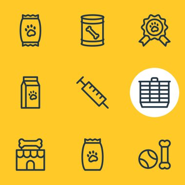 9 evde beslenen hayvan simgeler çizgi stili vektör Illustration. Düzenlenebilir köpek maması can, evde beslenen hayvan yiyecek, şırınga ve diğer simge öğeleri kümesi.