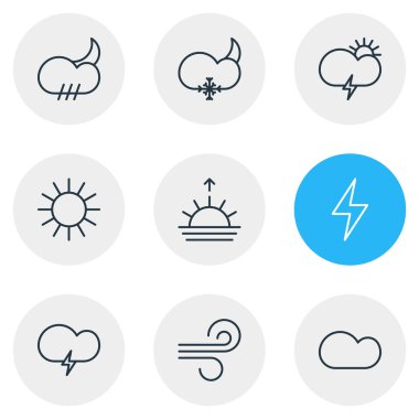 9 atmosfer simgeler çizgi stili vektör Illustration. Fırtınalı, düzenlenebilir set güneş, gün doğumu ve diğer simge öğeleri.