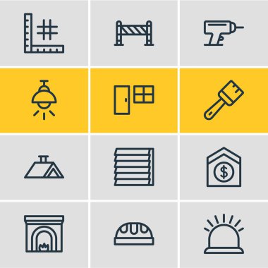 12 inşaat simgeler çizgi stili vektör Illustration. Güvenlik, çatı, Satıyoruz Evi ve diğer simge öğeleri düzenlenebilir kümesi.