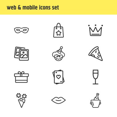 12 kutlama simgeler çizgi stili vektör Illustration. Hediye kutusu, şampanya, buket ve diğer simge öğeleri düzenlenebilir kümesi.