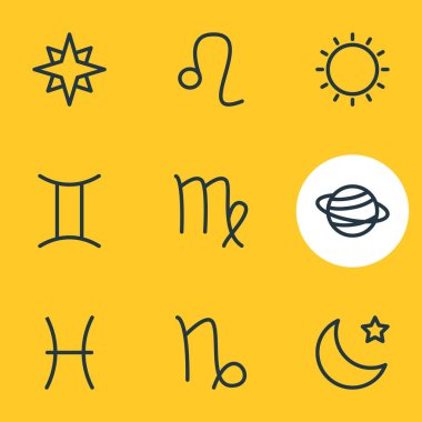 9 takımyıldızı simgeler çizgi stili vektör Illustration. Başak, leo, ay ve diğer simge öğeleri düzenlenebilir kümesi.