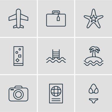 9 yaz simgeler çizgi stili vektör Illustration. Düzenlenebilir dizi bikini, kamera, adanın simgesi öğeleri.