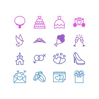 16 simgeler çizgi stili düğün vektör Illustration. Yüzük, taç, kolye ve diğer simge öğeleri düzenlenebilir kümesi.