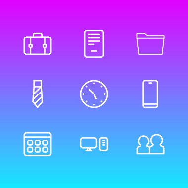 9 büro simgeler çizgi stili vektör Illustration. Bilgisayar, takvim, bavul ve diğer simge öğeleri düzenlenebilir kümesi.