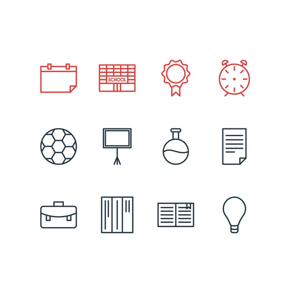 Ilustración vectorial de 12 iconos de estudios estilo de línea. Conjunto editable de biblioteca, calendario, pizarra y otros elementos del icono . — Vector de stock