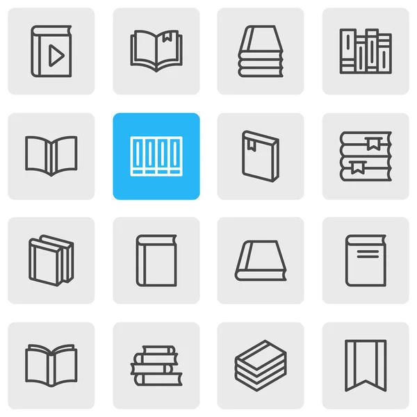 Ilustración vectorial de 16 iconos de libro estilo de línea. Conjunto editable de publicación, aprendizaje, marcadores y otros elementos del icono . — Archivo Imágenes Vectoriales