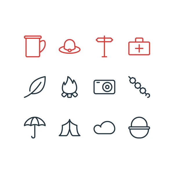 Illustrazione vettoriale di 12 icone campeggio stile linea. Set modificabile di foglia, tenda, tazza e altri elementi icona . — Vettoriale Stock