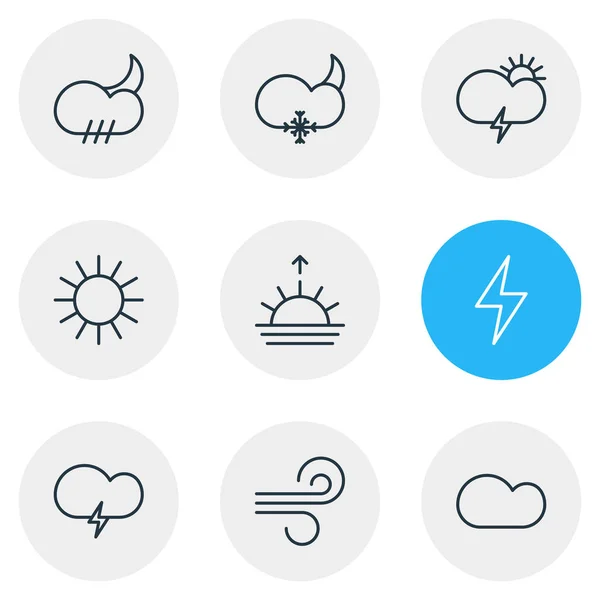 Ilustración vectorial de 9 iconos de la atmósfera estilo de línea. Conjunto editable de elementos tormentosos, sol, amanecer y otros iconos . — Vector de stock