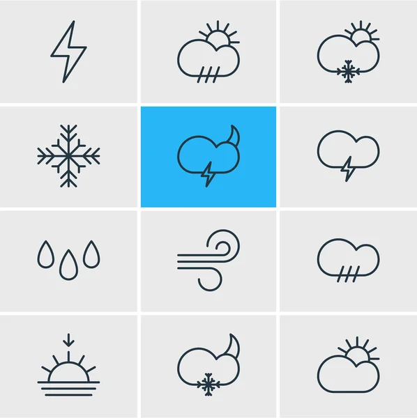 Ilustración vectorial de 12 iconos de la atmósfera estilo de línea. Conjunto editable de copo de nieve, lluvia, viento y otros elementos del icono . — Archivo Imágenes Vectoriales