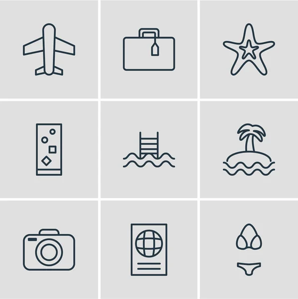 Illustrazione vettoriale di 9 icone estive stile linea. Set modificabile di bikini, macchina fotografica, elementi icona dell'isola . — Vettoriale Stock