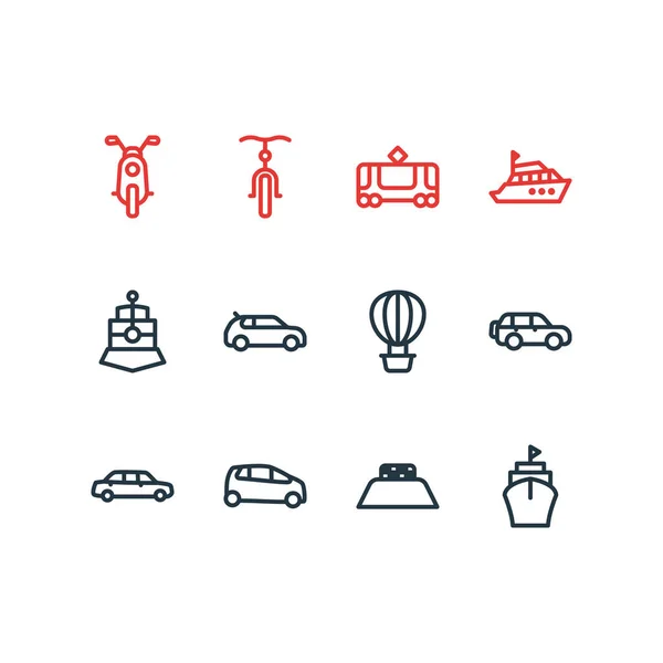 Vektoros illusztráció 12 árutovábbítási ikonok vonalstílust. Kiskategóriás autó, hajó, yacht és egyéb ikon szerkeszthető csoportja. — Stock Vector
