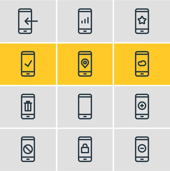 Illustrazione vettoriale di 12 icone telefoniche in stile linea. Set modificabile di cestino, bloccato, rimuovere e altri elementi icona . — Vettoriale Stock
