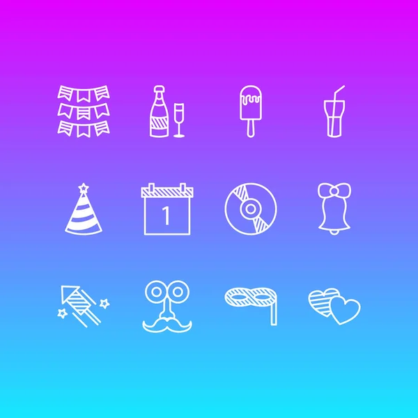 Ilustración de 12 iconos de banquete estilo de línea. Conjunto editable de soda, campana, sombrero de fiesta y otros elementos del icono . —  Fotos de Stock