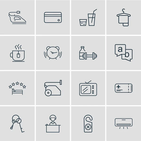 Illustrazione di 16 icone hotel stile linea. Set modificabile di ferro, carta di credito, feedback e altri elementi icona . — Foto Stock