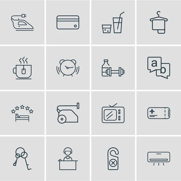 illustration of 16 hotel icons line style. Editable set of iron, credit card, feedback and other icon elements.