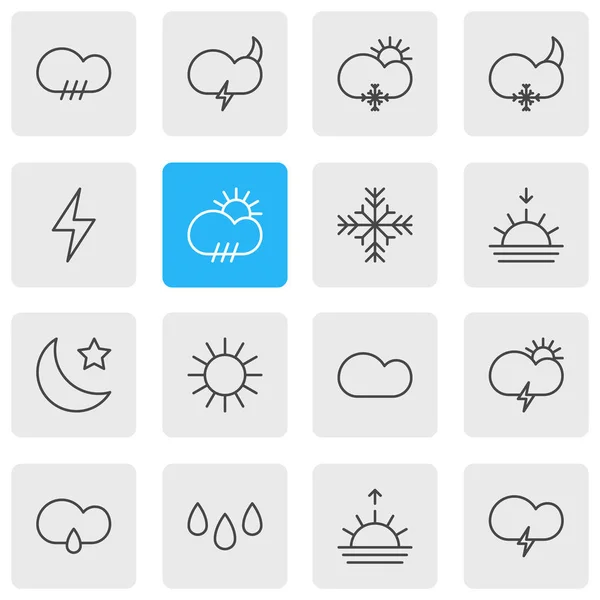 Illustrazione di 16 atmosfera icone stile linea. Set modificabile di nuvole, luce solare, luna e altri elementi icona . — Foto Stock